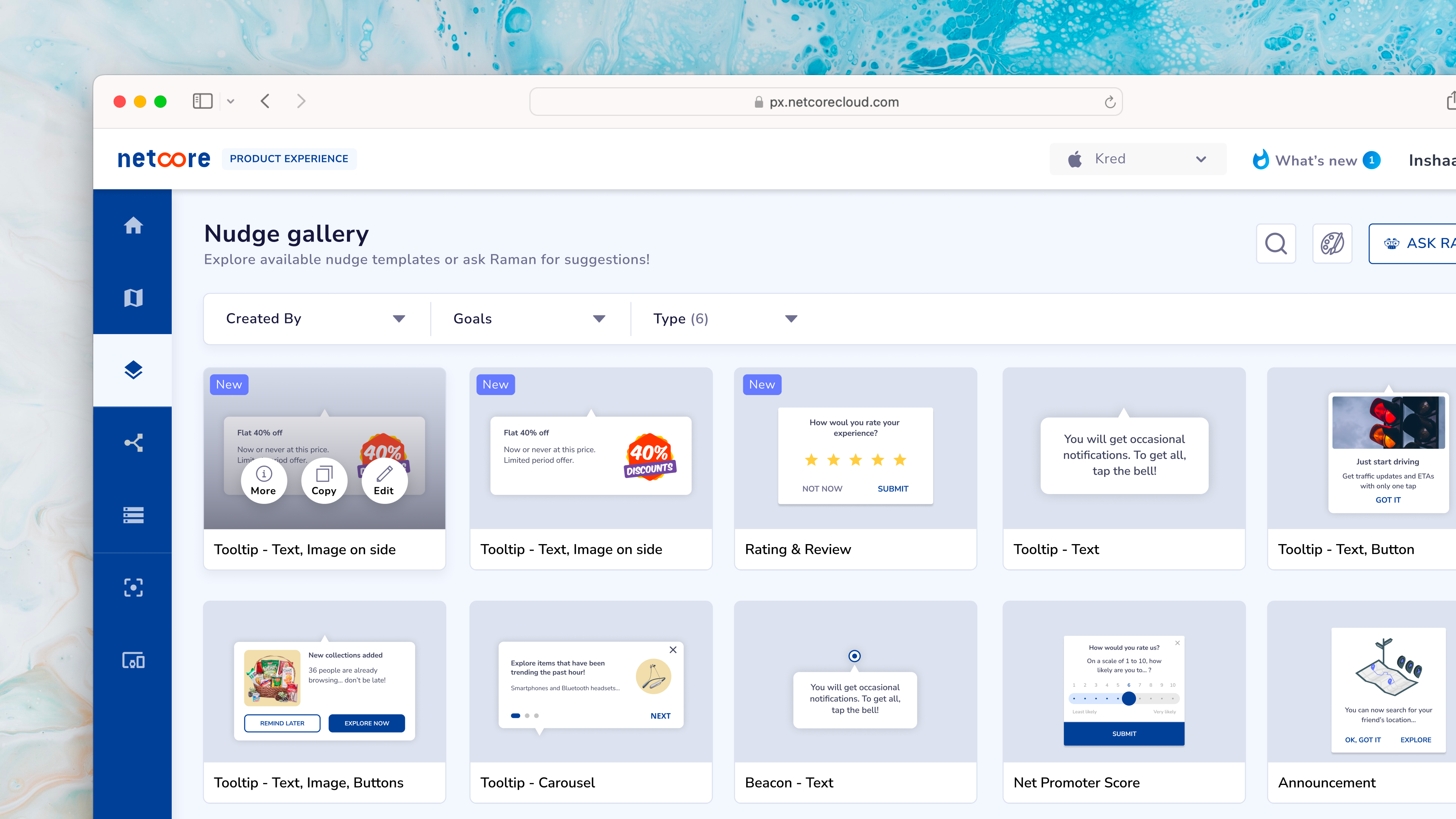 The redesigned Nudge Gallery for Netcore's Product Experience platform