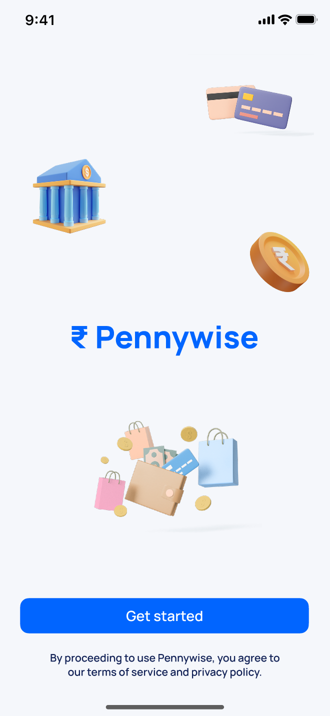 Pennywise welcome screen with the app name and financial illustrations