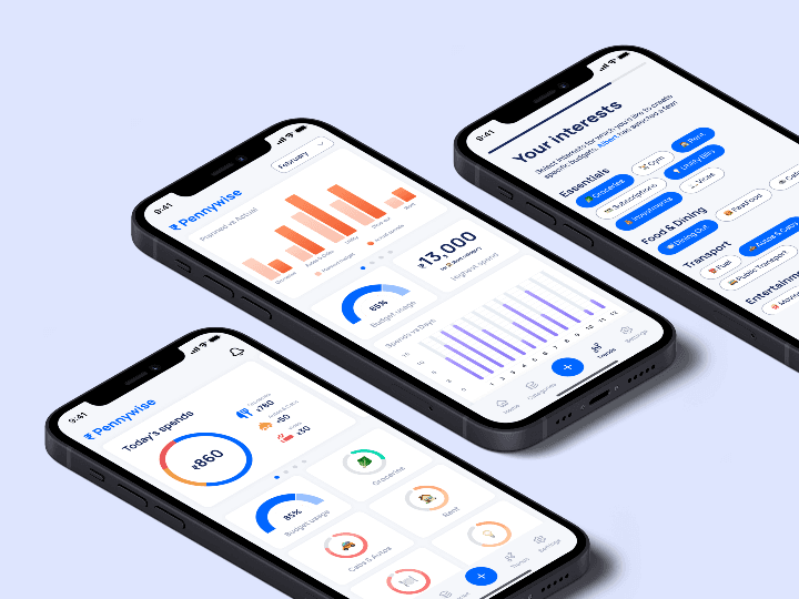Three Pennywise mobile screens showing spending, budget, and interest views
